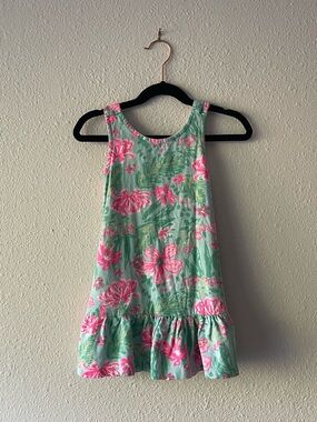 Tommy Bahama Girls XS 4 Tropical Floral Dress Pink Green Tie Back Ruffle